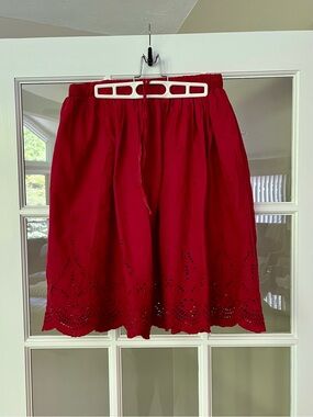 Red eyelet cotton midi skirt